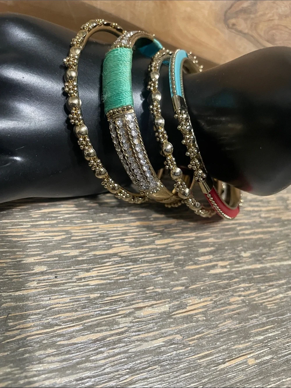 Gold Tone Multi-Color Bangle Set with Turquoise and Red Accents
